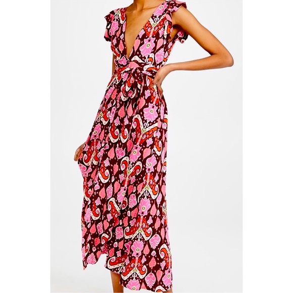 🔥Anthropologie Deep-V Burgundy/Cranberry/Orange/Pinks Maaji Maxi Dress-Medium - Picture 9 of 15